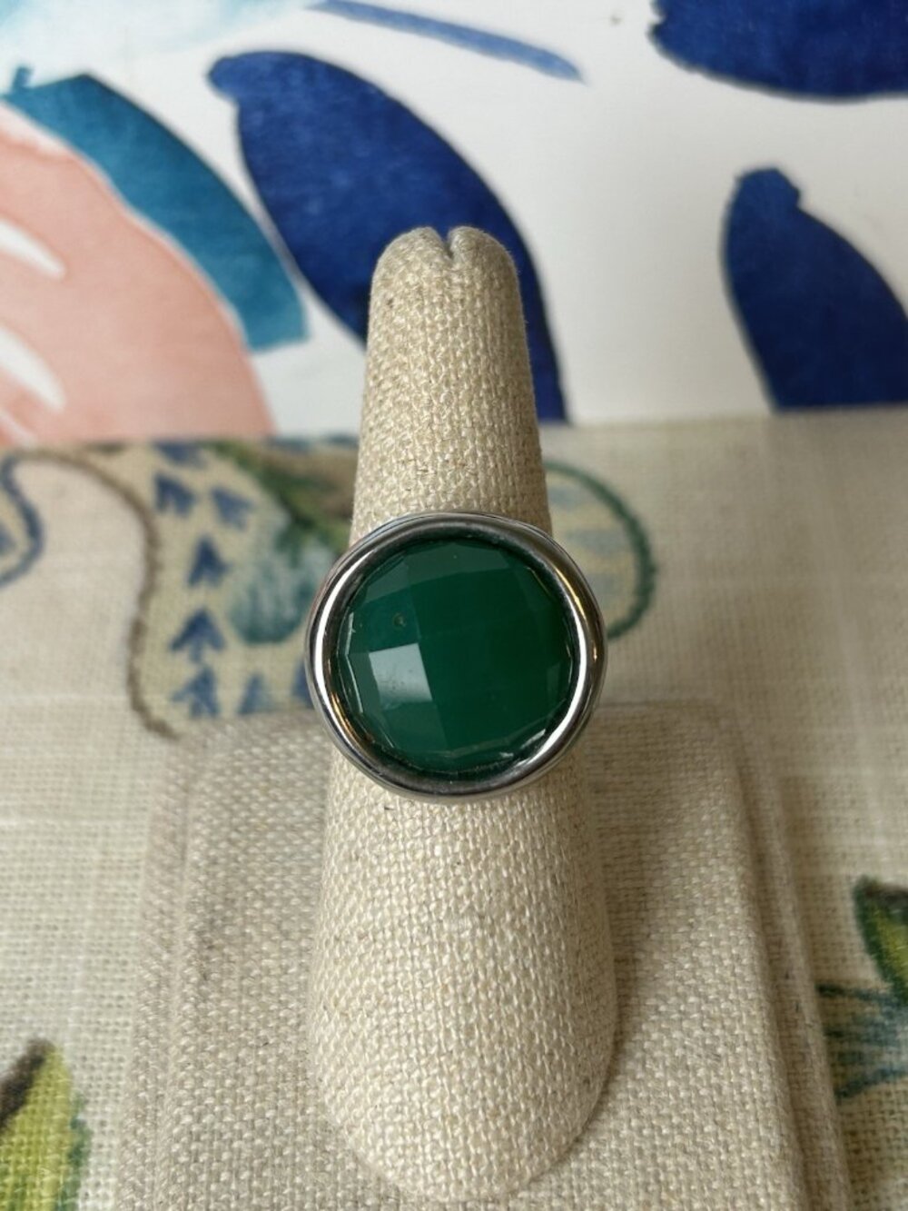 Sterling Silver Green Ring Gemstone Size 6 MCM Retro Statement Jewelry Round Fun - Picture 2 of 12
